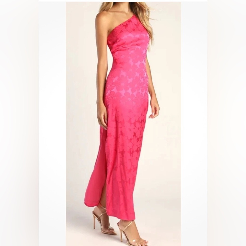 Lulus Hot Pink One Shoulder Satin Floral High Slit Jacquard Maxi Dress